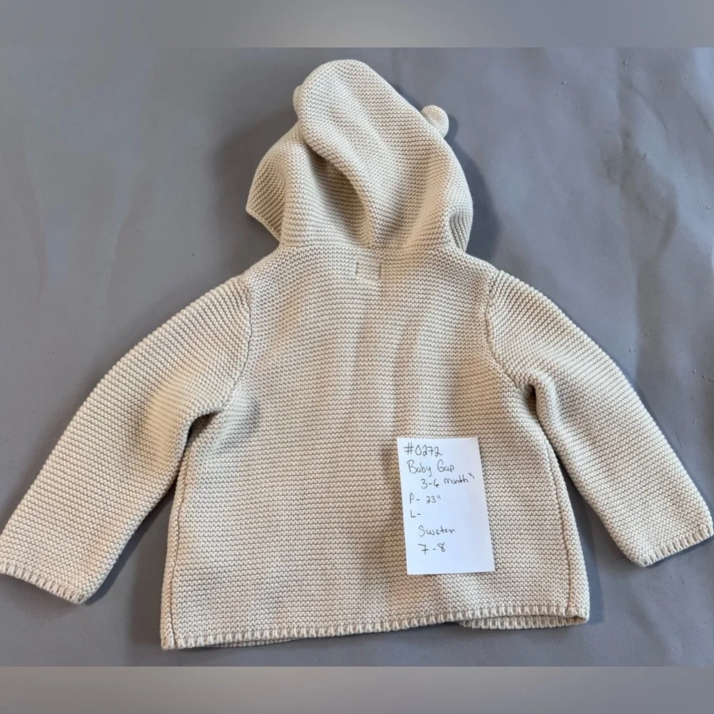 Baby Gap Baby Sweater 3-6 Months Hooded Cardigan Brannan Bear Beige‎ Ears Cotton
